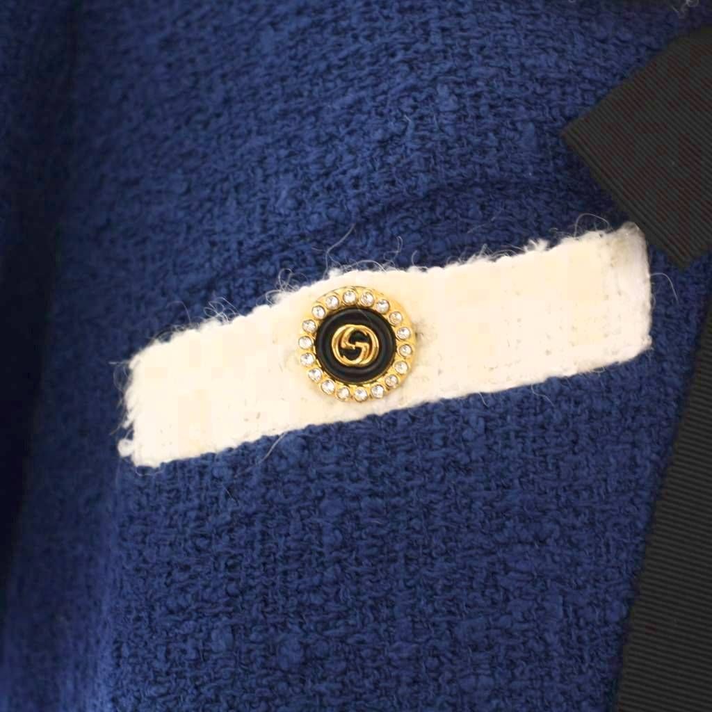 ★はちがつ★GUCCI ネイビー リボン付き ワンピース グッチ GUCCI ツイードワンピース 半袖 ひざ丈 GGボタン リボン