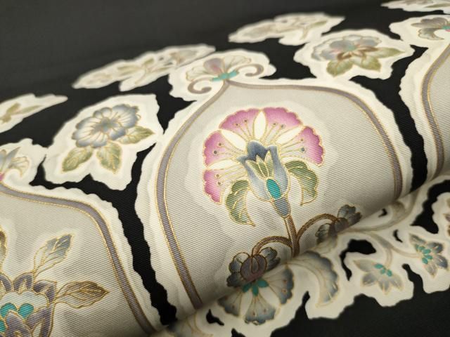 平和屋着物○岡重謹製 塩瀬 九寸名古屋帯 花唐草文 黒地 金彩 正絹