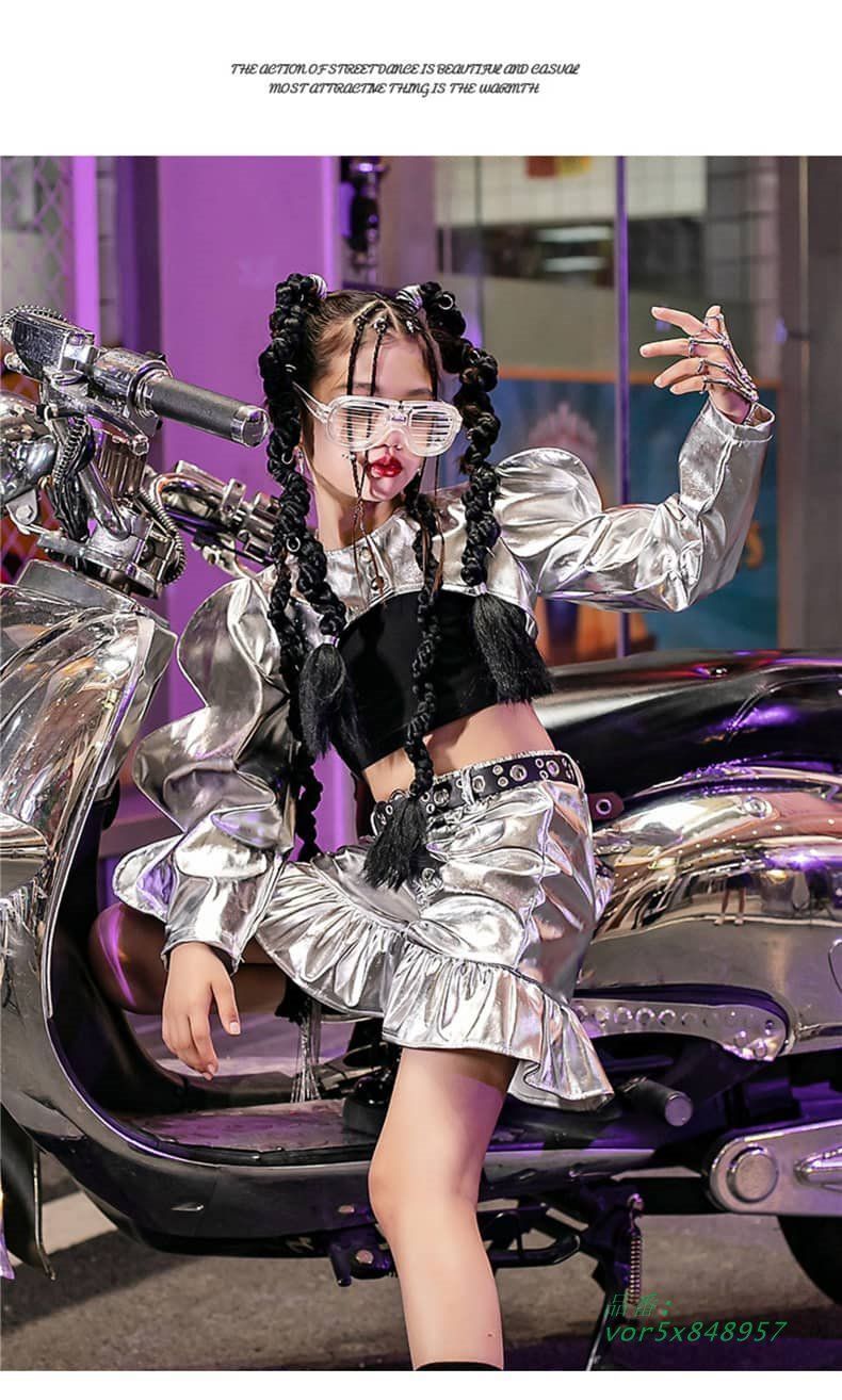 お気に入り ダンス衣装 子供服 セットアップ シルバー キッズ 女の子 ステージ衣装 チアダンス 発表会 学生 JAZZダンス 演出 ガールズ HIPHOP チアガール 舞台服 vor5x848957