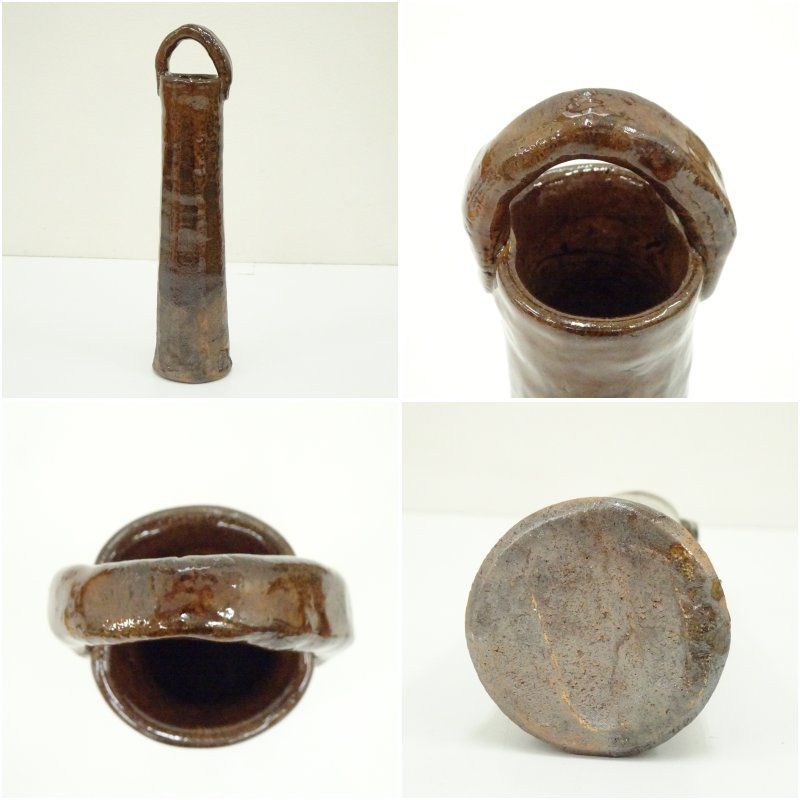 九代 九代 大樋長左衛門 焼締耳付花入 共箱 表