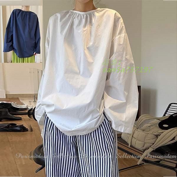 オープンシャツ サイドギャザー 長袖 ブラウス コットンシャツ ナチュラル 女子会 ほっそり効果大 20代30代40代50代60代 am5a757197