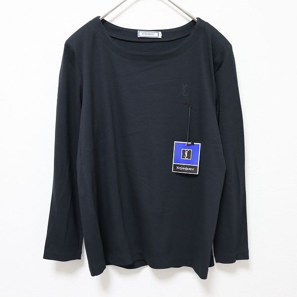 イヴサンローラン　薄手ニット　ロゴ刺繍　ピンク×黒　ヴィンテージ　福助　M 正規品】90s 日本製 福助 イヴサンローラン 刺繍 ウール 編み