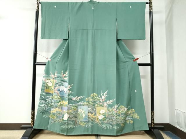 平和屋着物●十日町友禅作家 阿部佳雪 色留袖 色紙群鶴浜松花文 正絹 CAAW8387yc