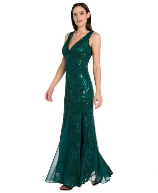 アールアンドエムリチャーズ レディース ワンピース トップス Women s Lace - Sequin V-Neck Sleeveless Gown Evergreen