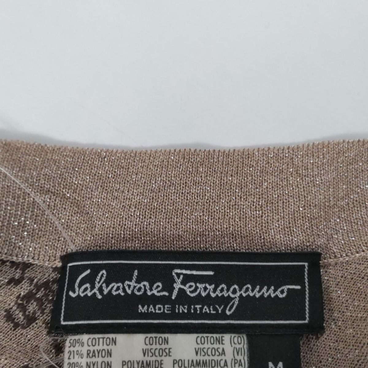 Salvatore Ferragamo - FERRAGAMO/SalvatoreFerragamo(サルバトーレフェラガモ) 半袖セーター サイズM レディース - ダークブラウン×ベージュ Vネック/花柄/ラメ FERRAGAMO/SalvatoreFerragamo(サルバトーレフェラガモ) 半袖