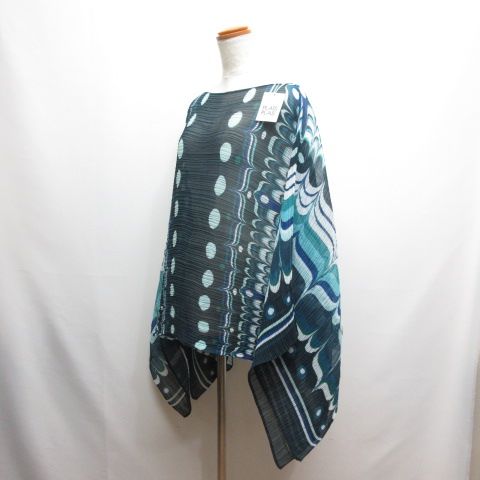 プリーツプリーズ PLEATS PLEASE ISSEY MIYAKE プリーツ ポンチョ カットソー ネイビー系 ピーコック柄 PP 64-AD 281 イッセイミヤケ