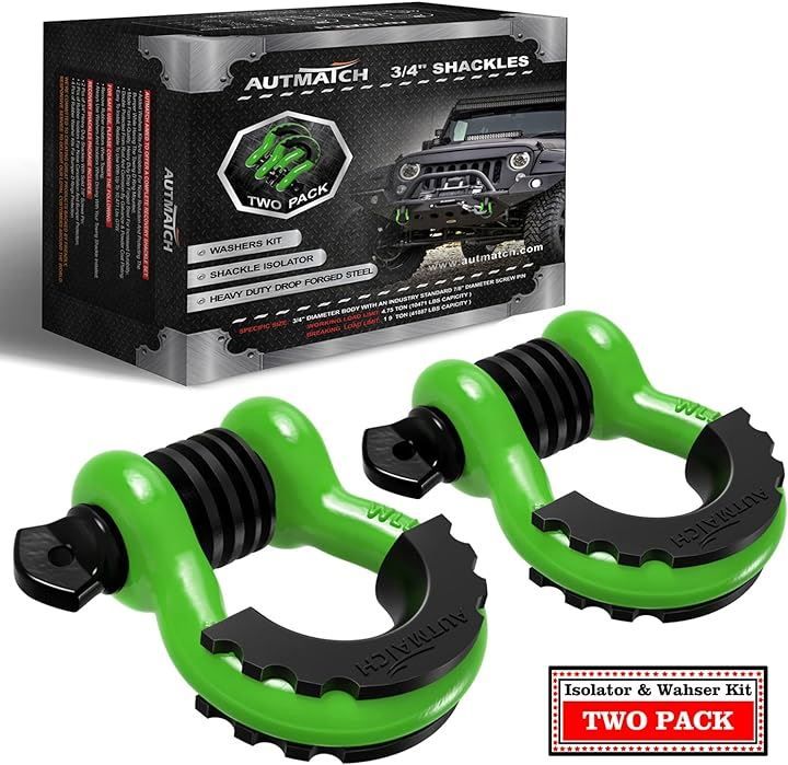 AUTMATCH Dリング シャックル 3/4 2個セット 破断強度約19トン 7/8 スクリューピン シャックルアイソレーター ワッシャー付き 牽引ストラップ(グリーン/ブラック，  1.90cm（3/4インチ）シャックル)