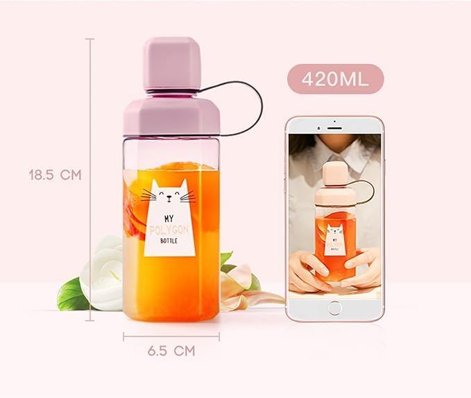 【在庫処分】ウォーターボトル 四角形 水筒 英語柄 蓋付き プラスチック製 420ml クリアボトル 紐付き 高い密封性 便利な 軽量 保温 ユニセックス 子供大人兼用 運動用 ジョギング 山登り 会社 キャンプ ピンク ブラック