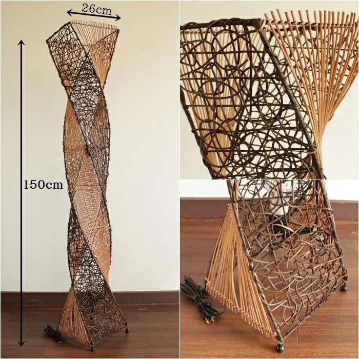 LED電球標準 アジアン 照明 フロアライト 幅26cm × 高さ150cm E26 60W フロア照明 床置き照明 ラタン 籐 スクエア らせん フロア ライト スタンド照明 バリ雑貨 間接照明 インテリア LED 幻想的 LAM-0121