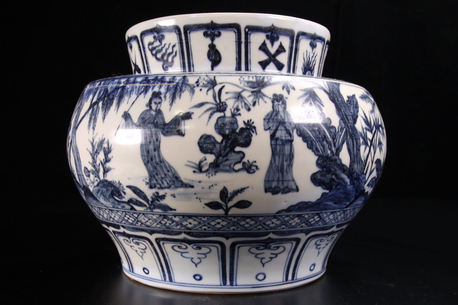 中国 白磁製染付賢人図壷 29cm 唐物 骨董 古美術 楾 F978