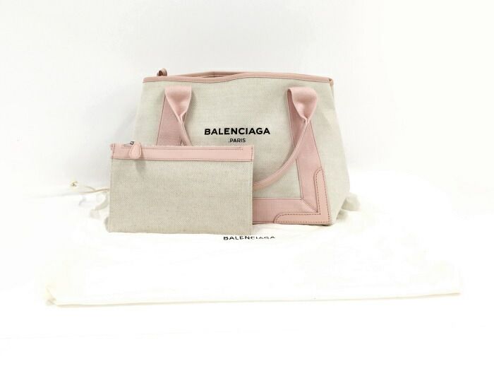 BALENCIAGA ネイビーカバスS ハンドバッグ キャンバス ベージュ ピンク 339933