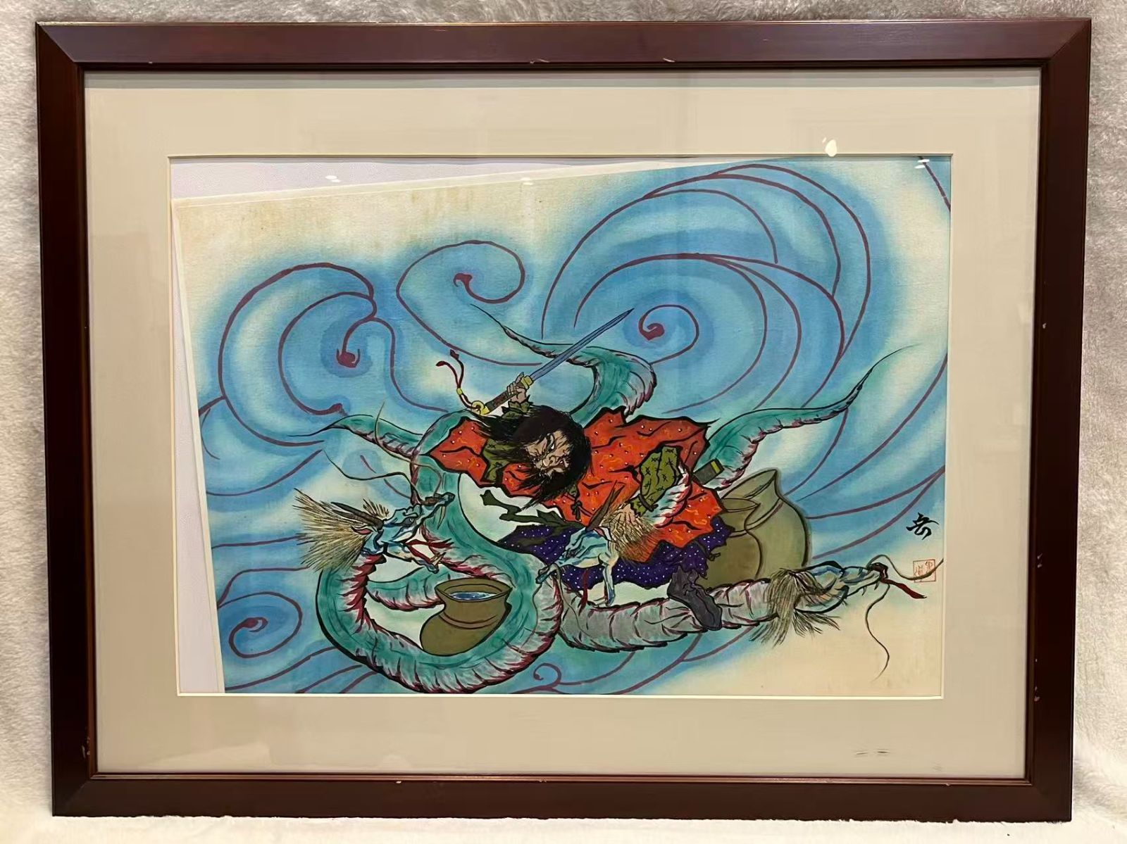 鍾馗 龍騎 風巻 額装 日本画風 妖怪絵 神話美術 本紙サイズ約44×62cm