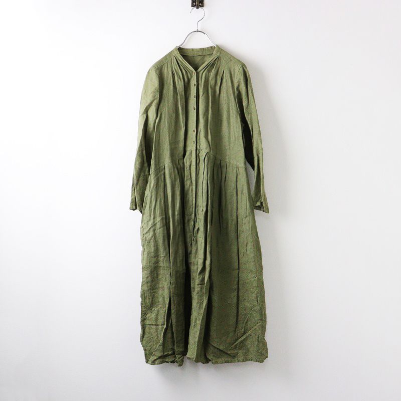 ネストローブ リネン Yネック ロングワンピース タック 薄紫