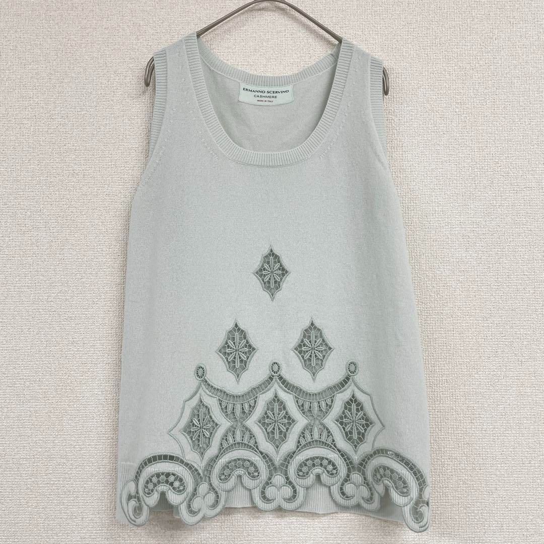ERMANNO SCERVINO エルマンノシェルヴィーノ カシミヤ100％ ニット ノースリーブ レース刺繍 イタリア製 42
