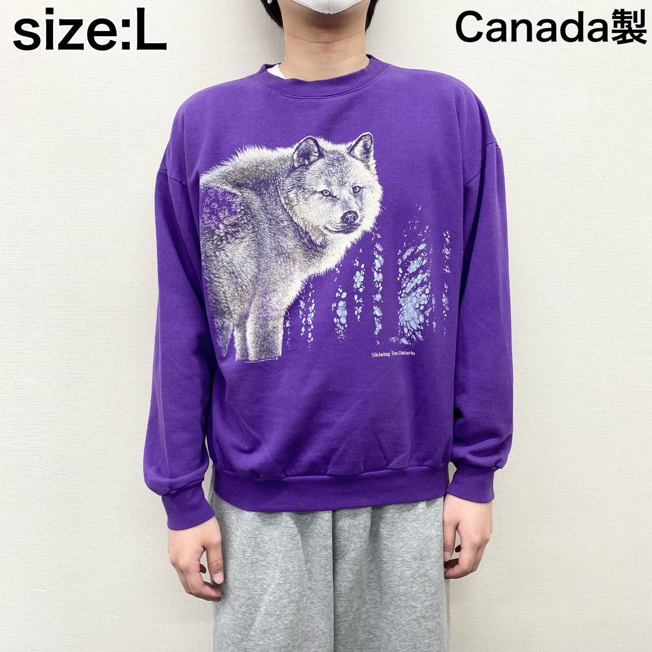 Harlequin スウェットシャツ トレーナー アニマル 狼 ウルフ プリント CANADA製 L パープル