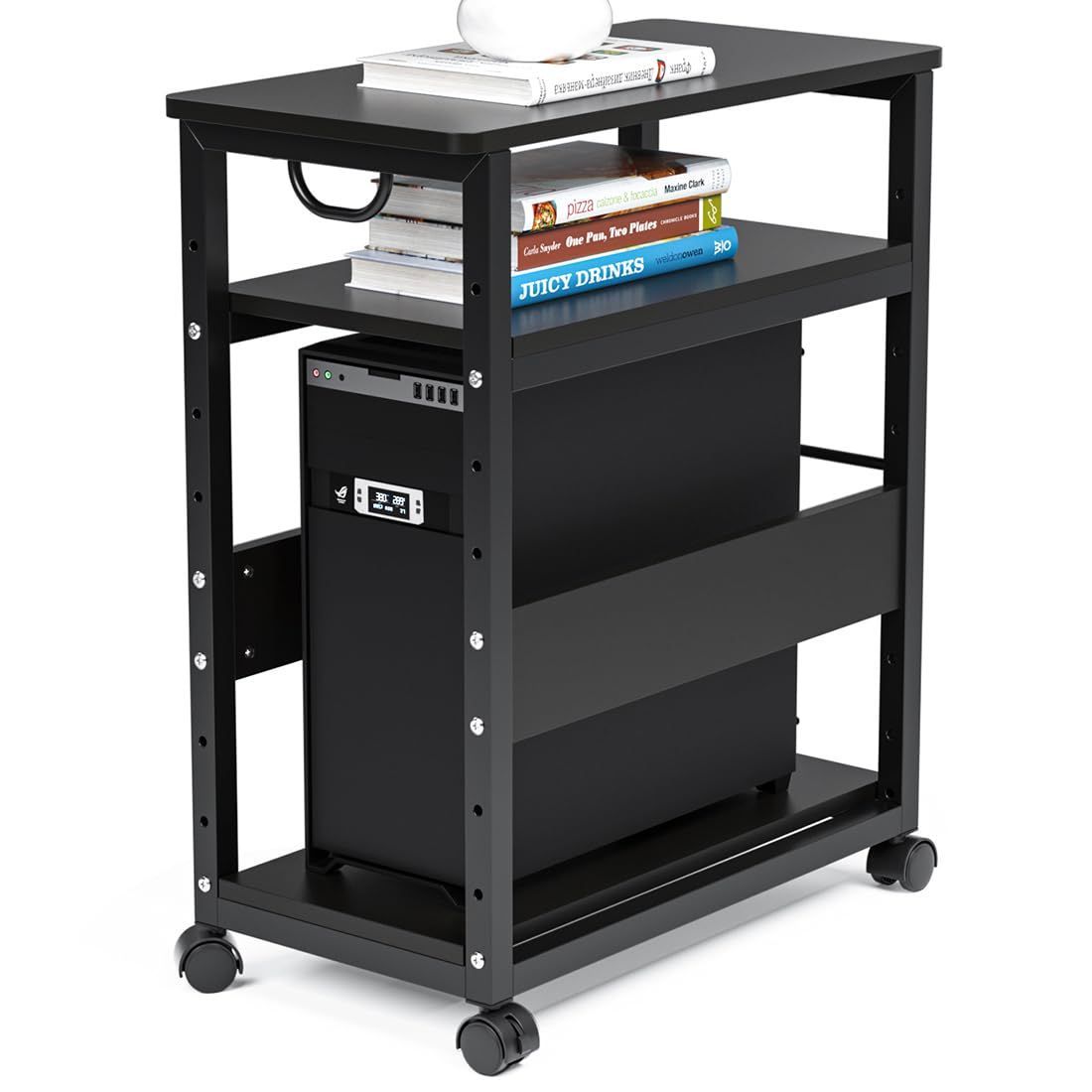 在庫処分 木製 サイドワゴン パソコン収納 デスクサイドワゴン 棚板高さ調節 25mm×25mmのスチール製フレーム 収納ラック 3段 取っ手付き デスクワゴン オフィス収納 キャスター付き オフィスワゴン cpuワゴン ブラック pcワゴン 幅60×奥