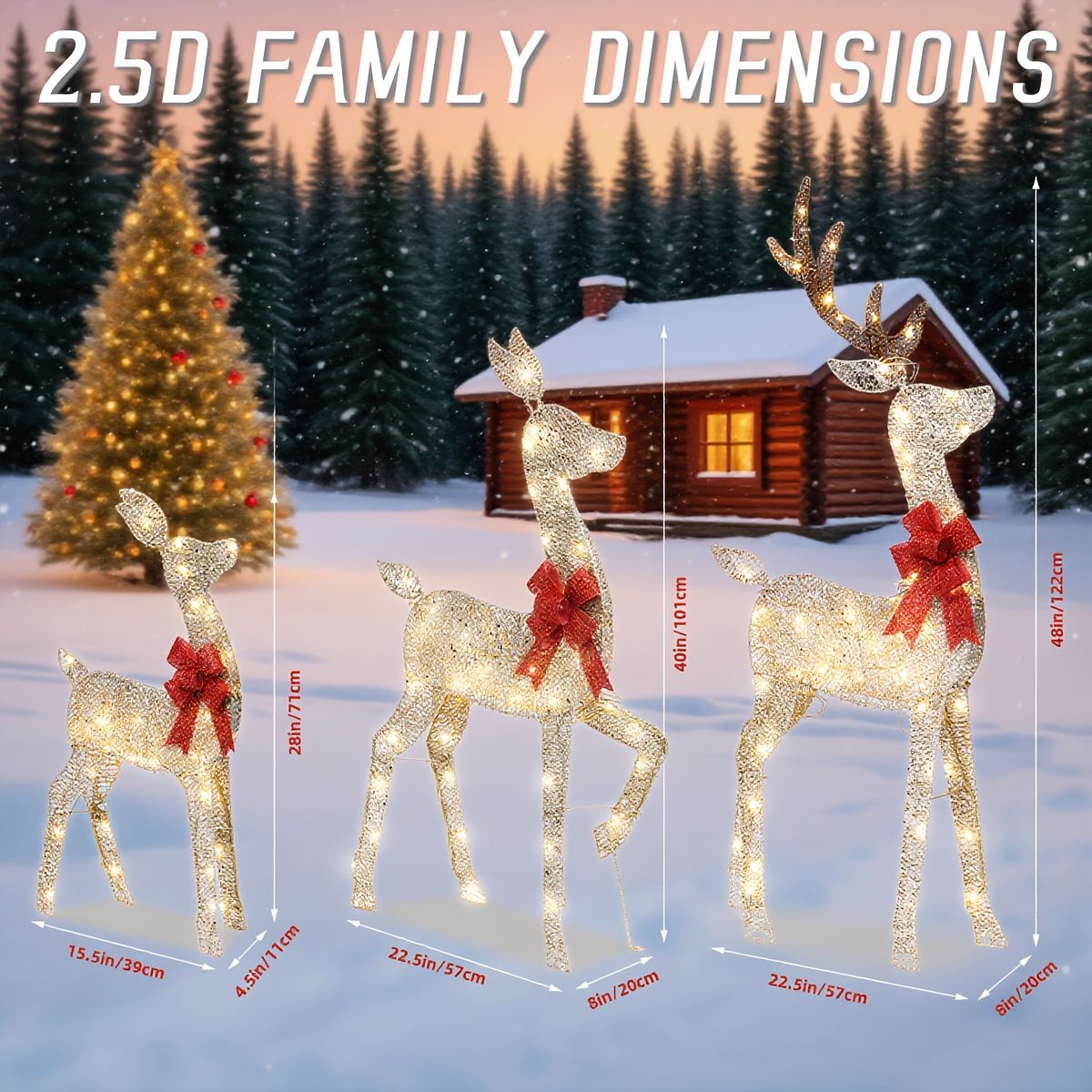 クリスマス屋外装飾 トナカイファミリー 3点セット 庭|パティオ|芝生用 ウォームホワイトLED145灯 9.7m延長コード 全天候型 自立型 金属製 室内|屋外兼用 ホリデーイルミネーション