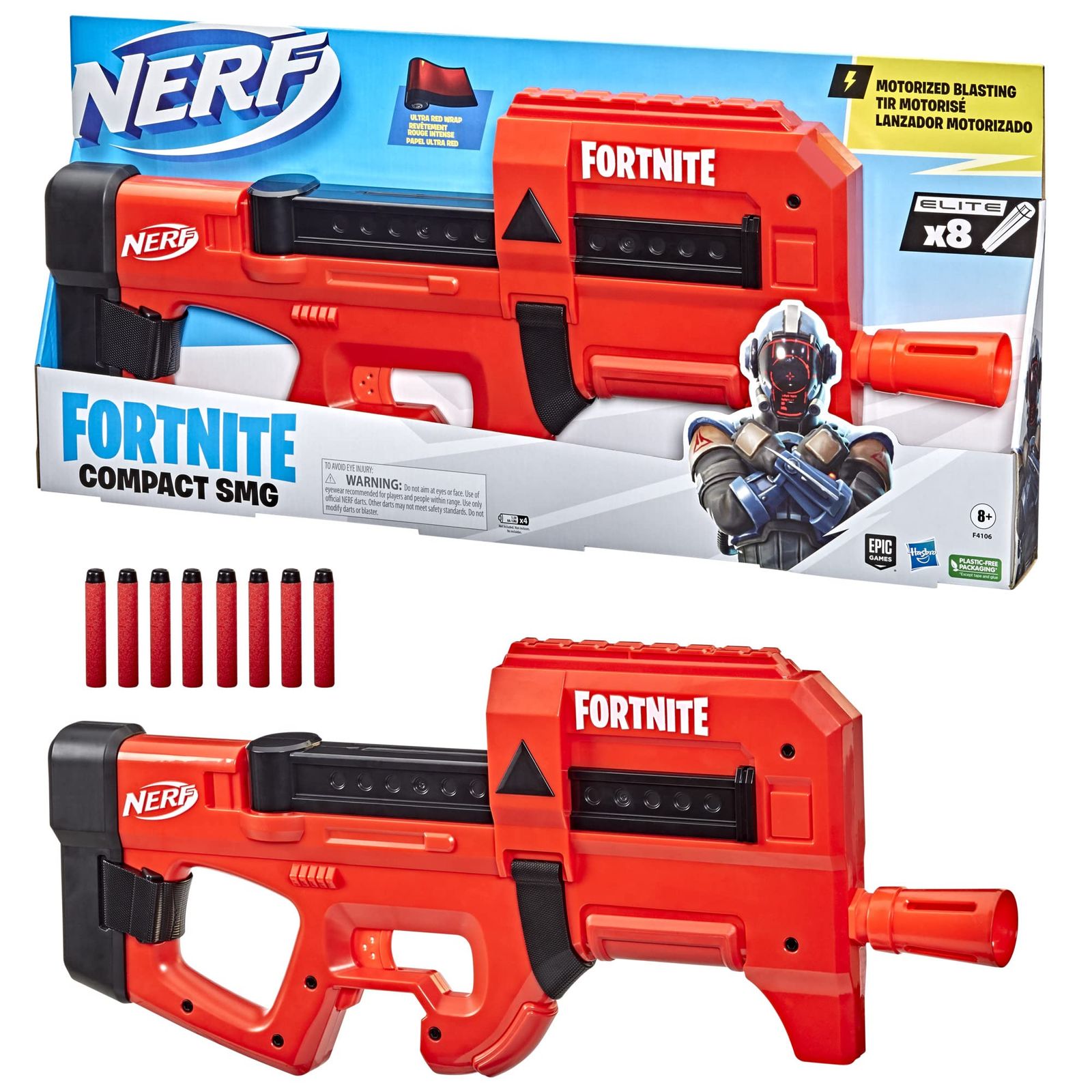 ナーフ フォートナイト コンパクト SMG 電動ダーツブラスター：ウルトラレッドラップデザイン、8ダーツ内蔵クリップ、ナーフ公式エリートダーツ 8才以上 [コンパクト SMG]