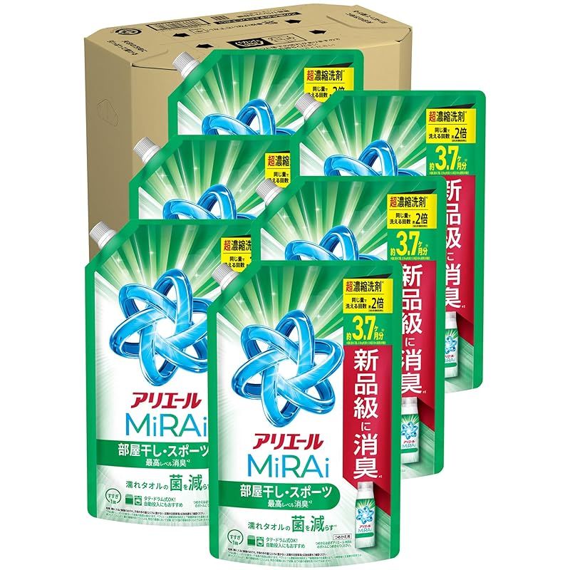 アリエール 洗濯洗剤 MiRAi 超濃縮コンパクト洗剤 部屋干し＆スポーツ 詰め替え 1170g×6袋 大容量 ケース品