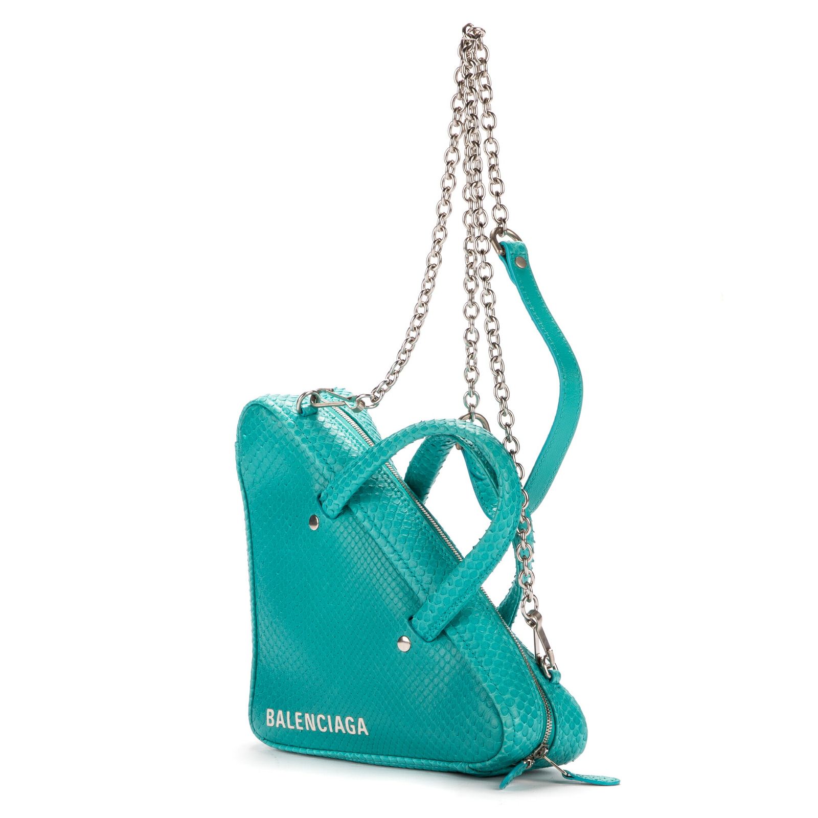 BALENCIAGA バレンシアガチェーン付きトライアングルポーチ青エンボスレザーA