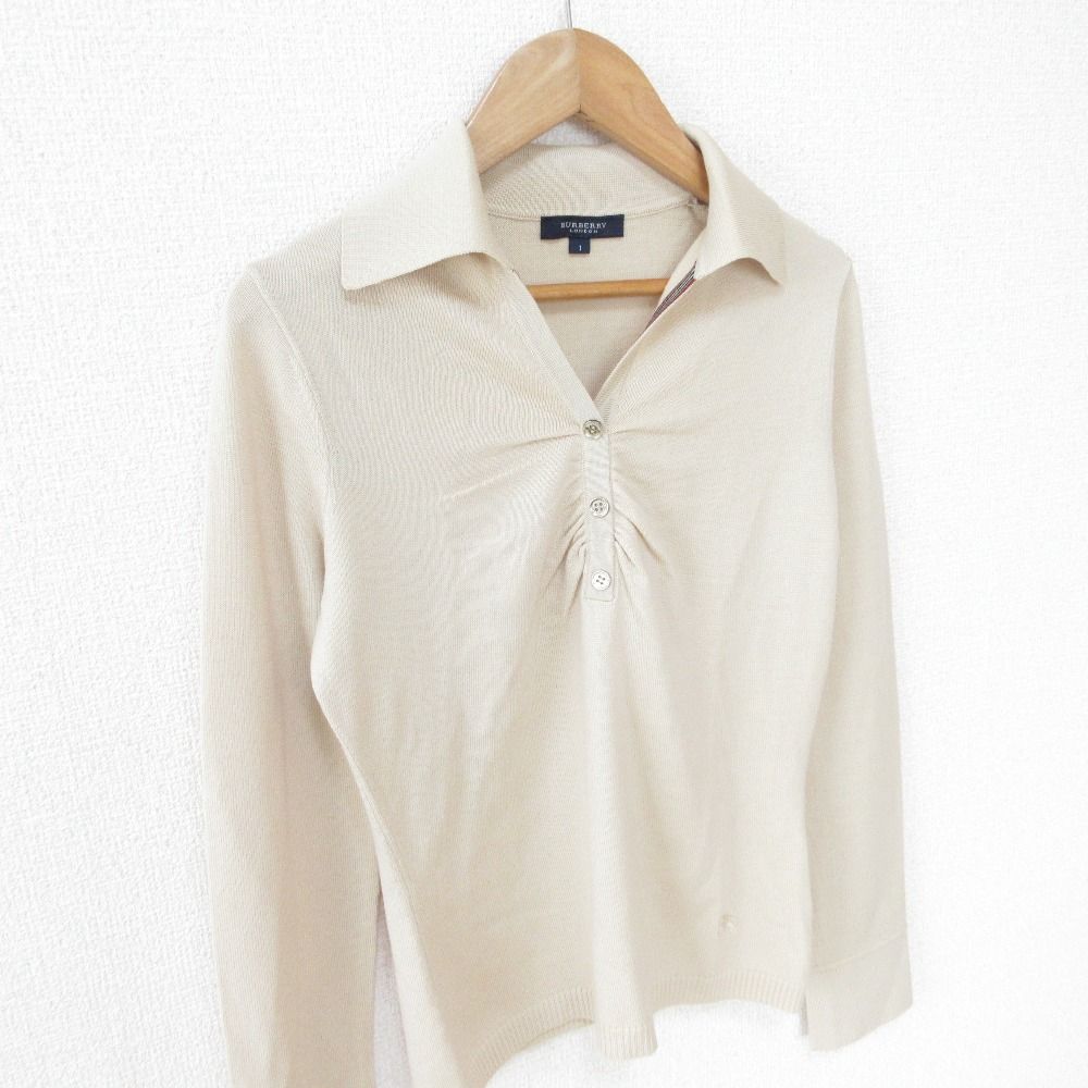 美品 BURBERRY LONDON バーバリーロンドン ロングスリーブ スキッパー ニットポロシャツ カットソー 1 ベージュ レディース 古着 中古 美品 BURBERRY LONDON バーバリーロンドン ロングスリーブ