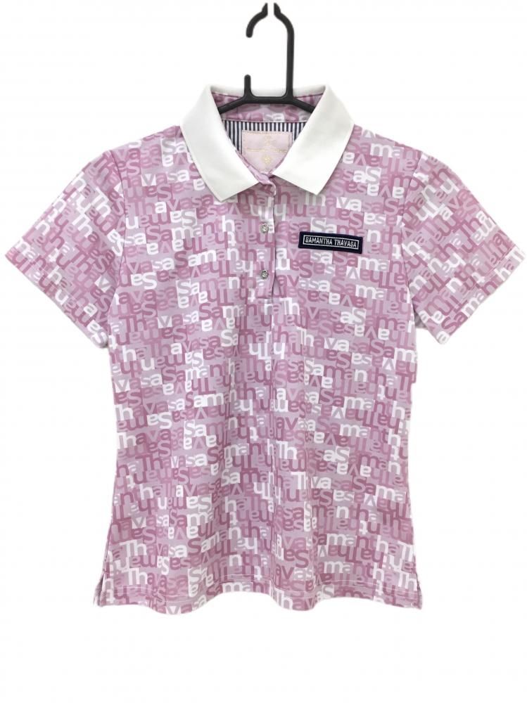 値下げサマンサタバサ UNDER25 半袖ポロシャツ ピンク×白 ロゴ総柄 胸元ワッペン レディース M ゴルフウェア Samantha Thavasa
