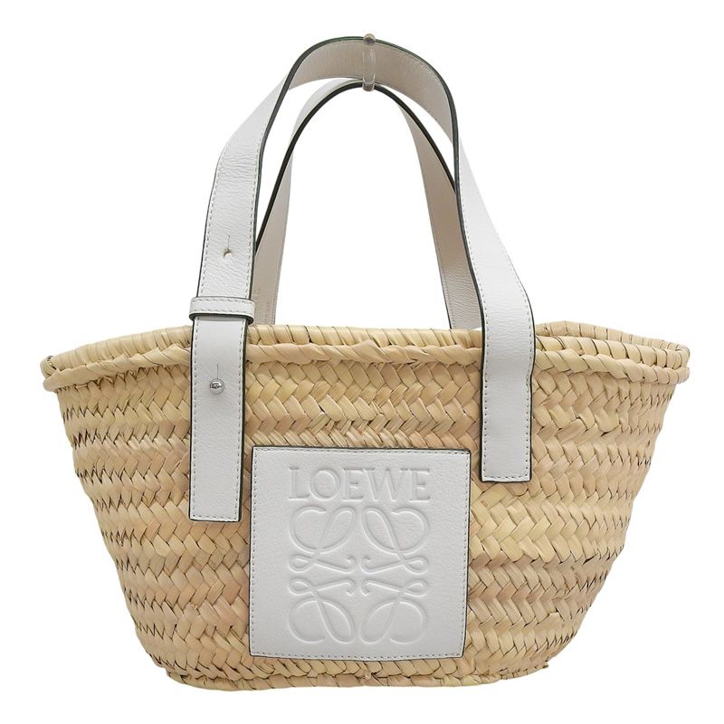 ロエベ LOEWE バスケットバッグ スモール トートバッグ かごバッグ ラフィア|レザー ナチュラル|ホワイト A223S93X04 新入荷 OB2669