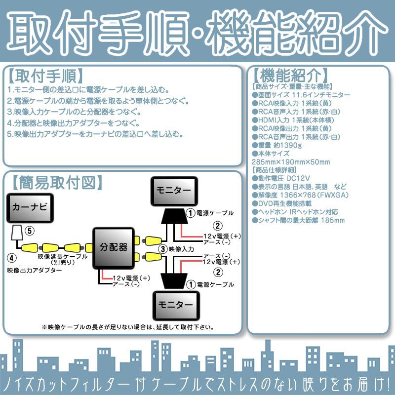 イクリプス カーナビ対応 11.6インチ ヘッドレストモニター 2台 DVD内蔵型 12V車 対応 外部 液晶モニター 車載用 後部座席  DVDプレーヤー TV dvd内蔵 当店だけのノイズ対策済 ヘッドレスト モニター リアモニター 家族 子供 同乗者向け - メルカリ