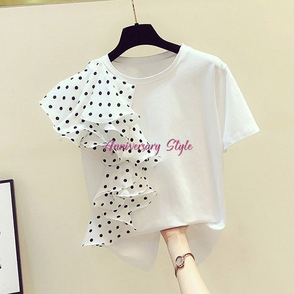 Tシャツ レディース 半袖 トップス フリル 水玉 白 M 即納 黒 丸首 ドット柄 2434466 夏 カジュアル アシンメトリー Tシャツ レディース 半袖 トップス フリル 水玉 白 M 即納 黒