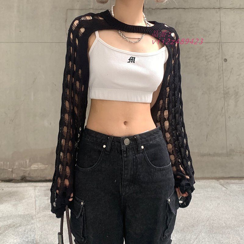 ショート丈 透かし メッシュ シースルー ニット ボレロ HIPHOP