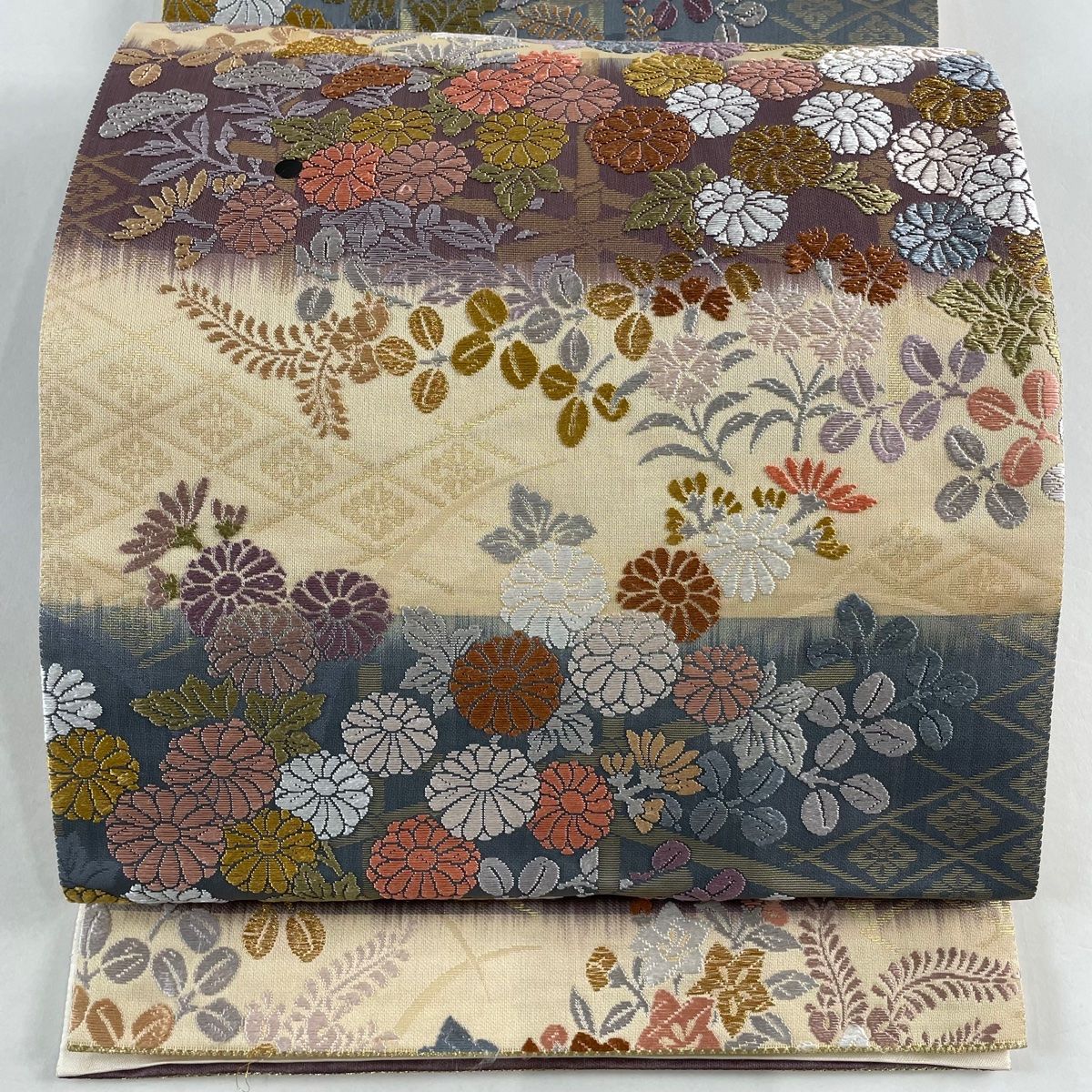 袋帯 名品 菊 段縞 金糸 箔 ベージュ 六通 正絹