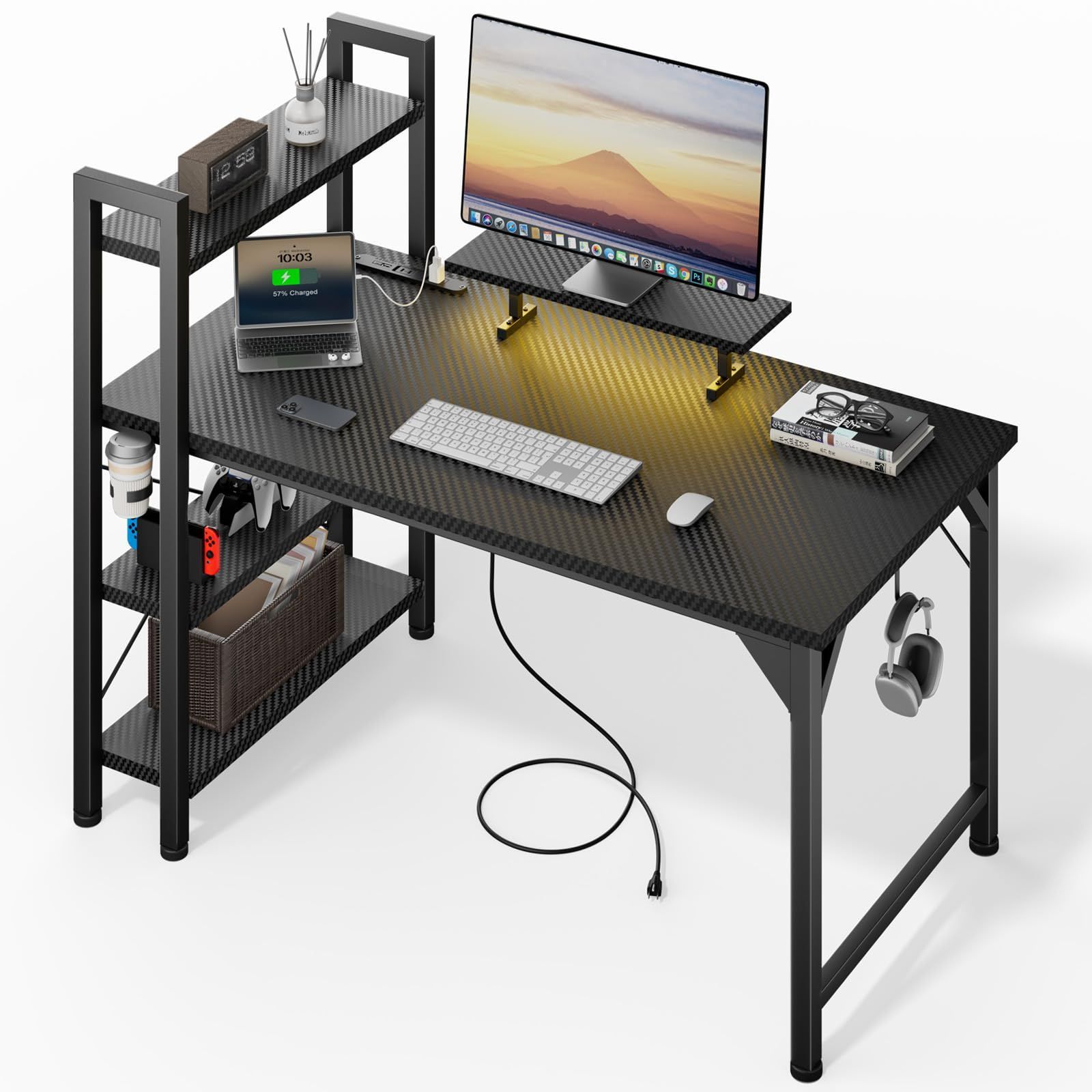 組立簡単 おしゃれ desk computer 作業机 学習机 黒 オフィスデスク pcデスク パソコンデスク モニター台付き 収納 棚付き 幅107CM コンセント付き ゲーミングデスク DOMICON