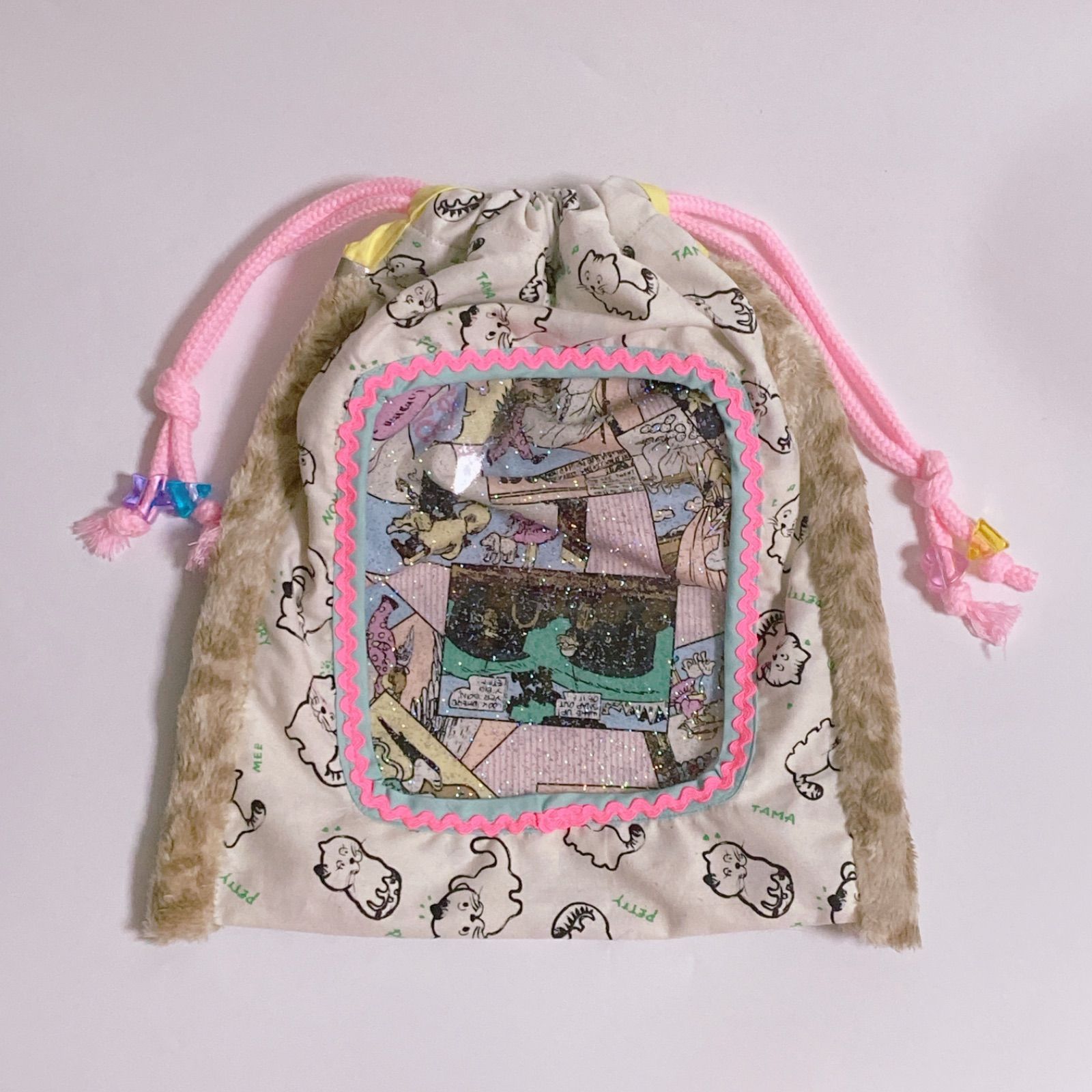 ぬいぐるみ巾着 cats 総柄