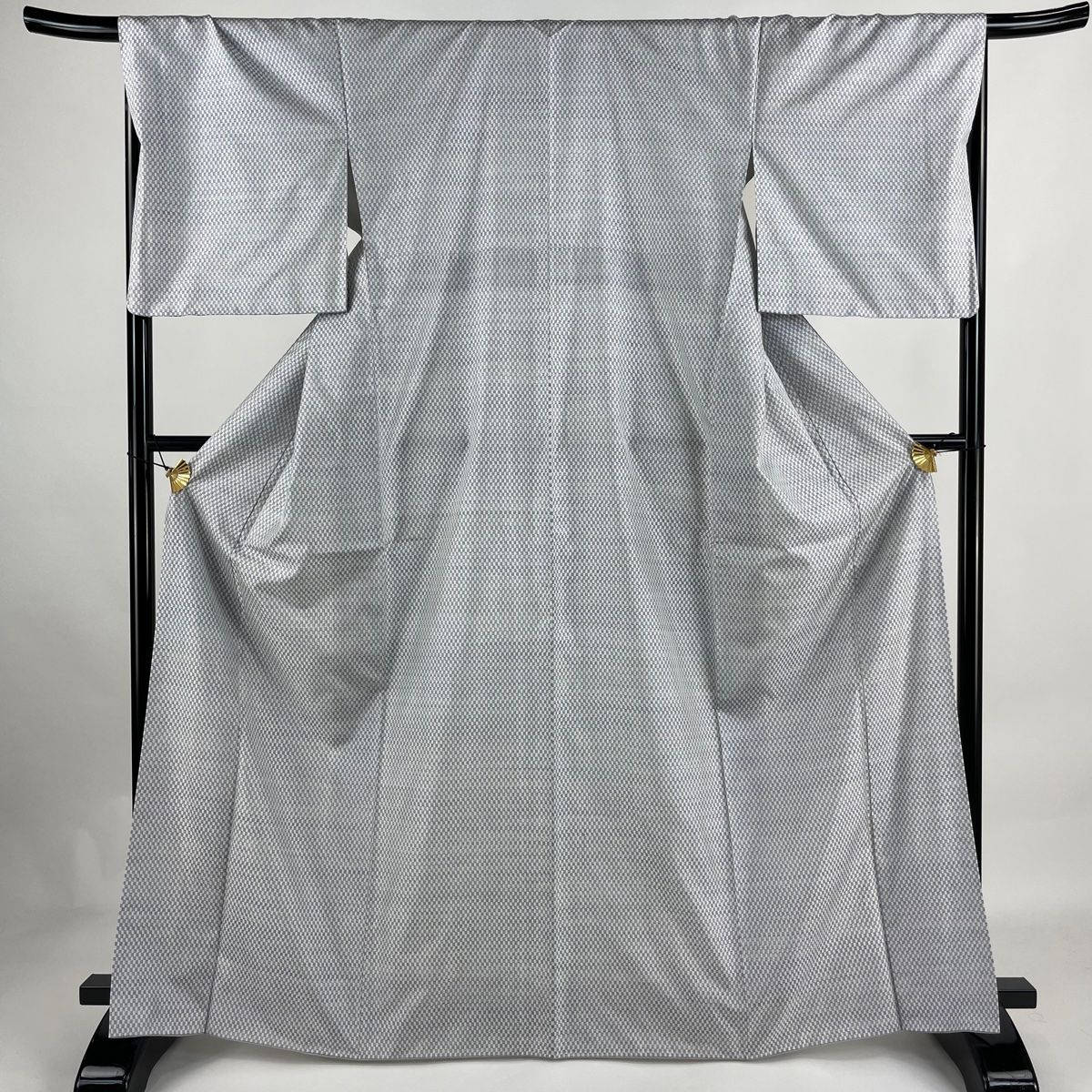 大島紬 身丈167cm 裄丈68cm L 袷 証紙 市松 青灰色 正絹 名品