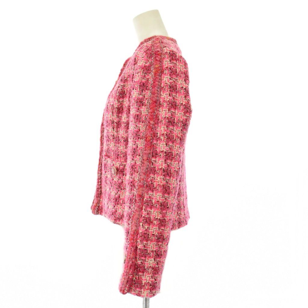 シャネル CHANEL uniform ノー ジャケット アウター ショート丈 ツイード ココボタン ココマーク ロゴ ウール シルク 36 ピンク BB