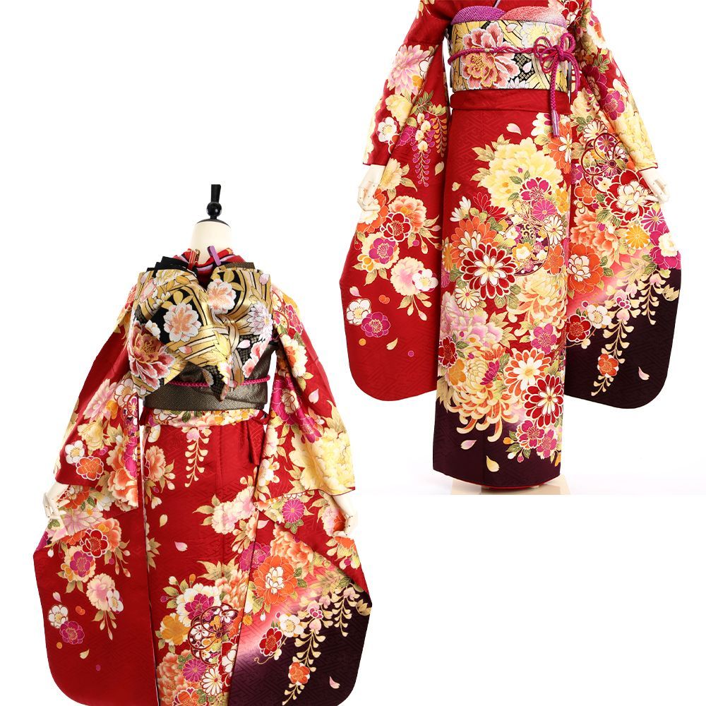 振袖フルセット(7点)・古典柄・銀駒刺繍・薔薇・牡丹・水仙・正絹・銀彩 振袖 振袖セット USED振袖 赤 古典柄 牡丹 菊 7点フルセット