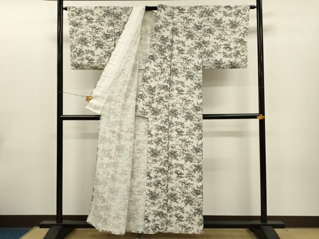 平和屋着物▽上質な小紋 単衣 草花文 反端付き 正絹 逸品