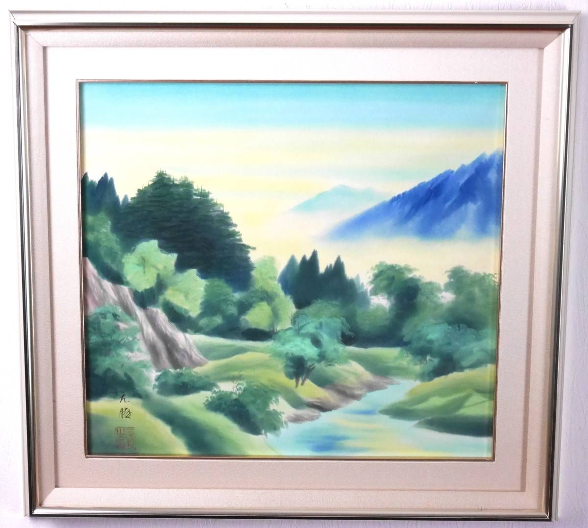 【真作】絵画　作者不詳　サイン有　日本画（色紙）　山水図　逸品　Q188 真作】絵画 作者不詳 サイン有 日本画（色紙） 山水図 逸品 Q188
