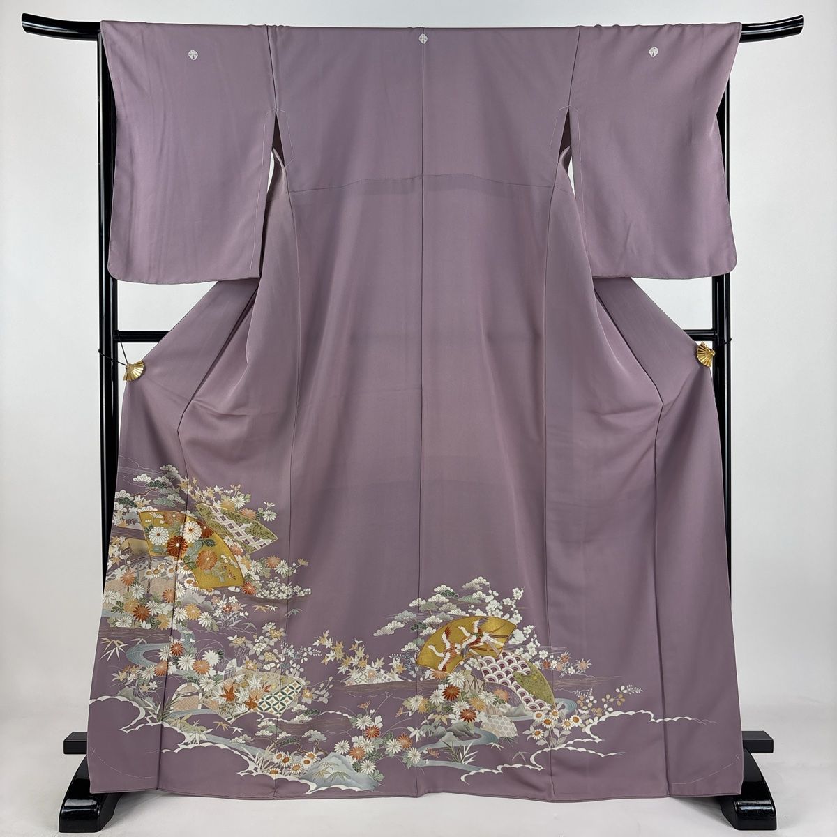 色留袖 身丈168cm 裄丈68cm L 袷 千總 落款 扇面 菊 金糸 金彩 薄紫 正絹 三つ紋