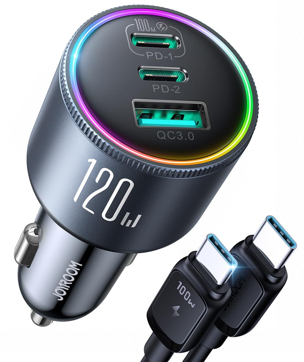 【100W USB Cケーブル付き・急速充電】JOYROOM 120W シガーソケット USB-C カーチャージャー 3ポート【PD 100W/35W+QC4.0】独立3チップ設計 多重保護 車載充電器 ノートPC/パソコン/MacBook/iPhone/An