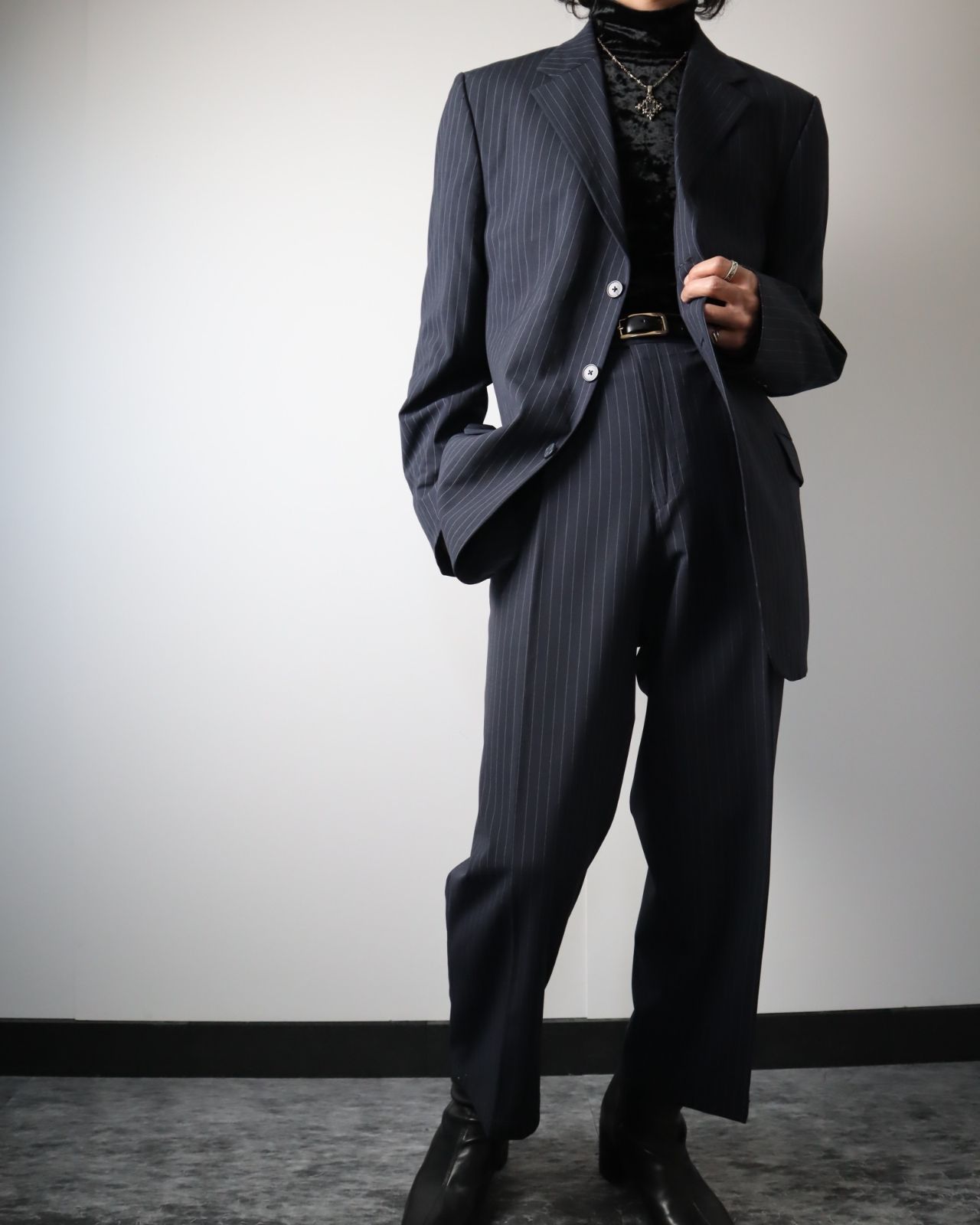 2piece set up tailored jacket×slacks pin stripe navy 90s vintage 2