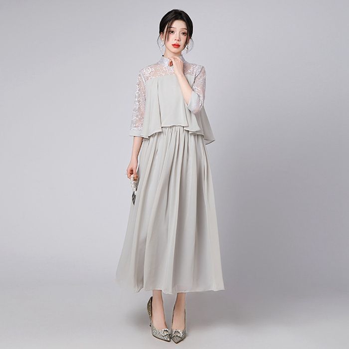シフォンワンピースワンピースレディースおよばれシンプルフォーマルミモレ丈Aライン花嫁パーティードレス二次会女子会ドレス