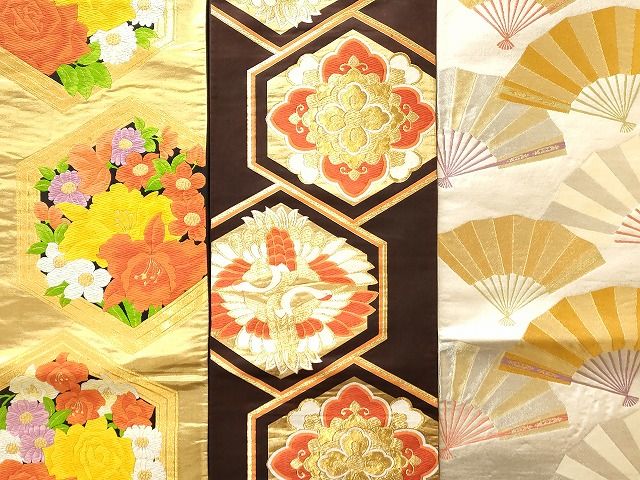袋帯 作家物 格子に美しい辻が花 西陣織 証紙付 金糸 O-2674 西陣織 正絹 袋帯 金銀糸箔 彩寿錦 花と扇模様 未使用 未仕立て