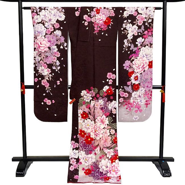 振袖 USED正絹仕立て上がり　チョコレート しだれ桜 季節の花々L寸 Aランク★ 振袖 USED正絹仕立て上がり チョコレート しだれ桜 季節の花々L寸 A