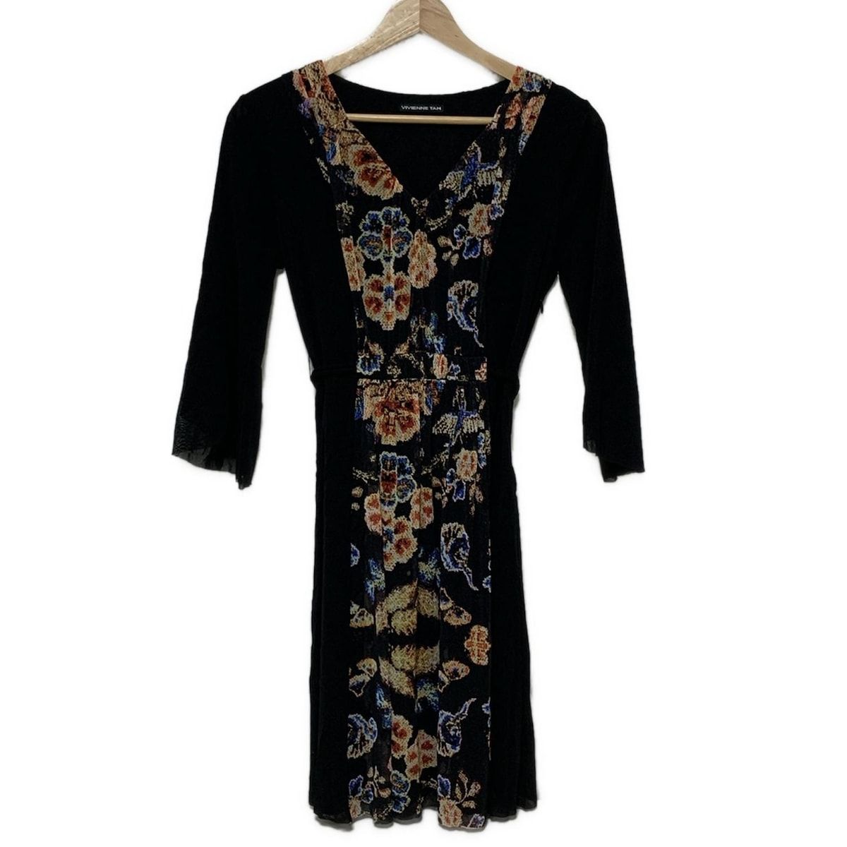 VIVIENNE TAM ヴィヴィアンタム ワンピース サイズ0 XS レディース - 黒×ブルー×マルチ Vネック|七分袖|ひざ丈