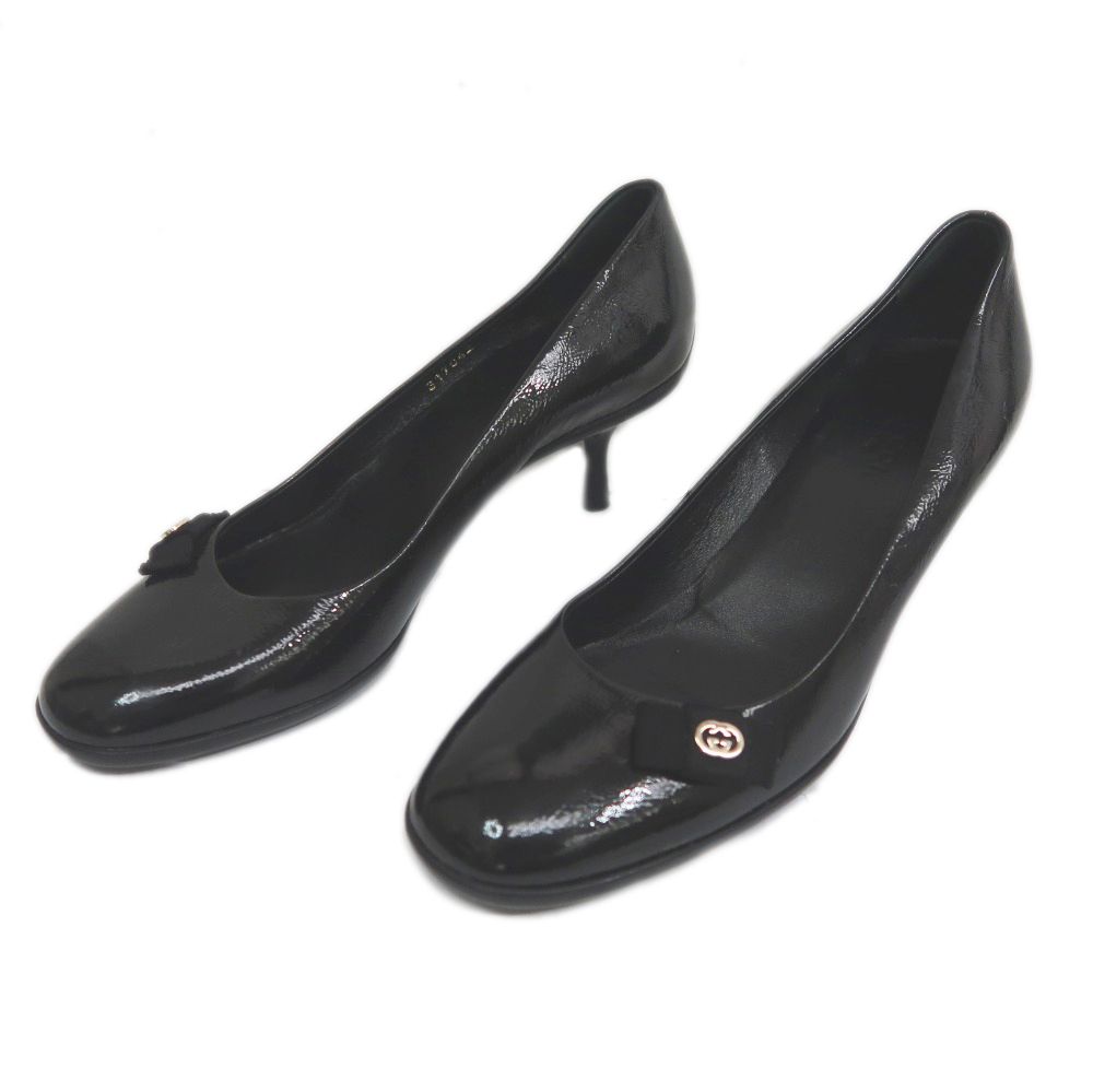 名東】グッチ エナメル ヒールパンプス 35 1/2 ブラック 黒 レディース