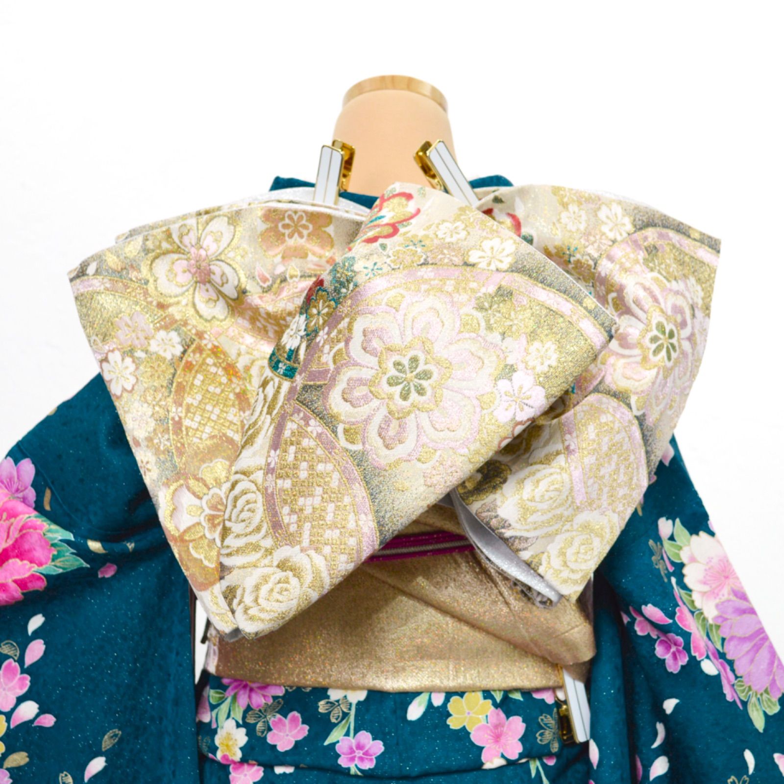美品》正絹 振袖フルセット S〜Mサイズ 成人式 金彩 ターコイズブルー