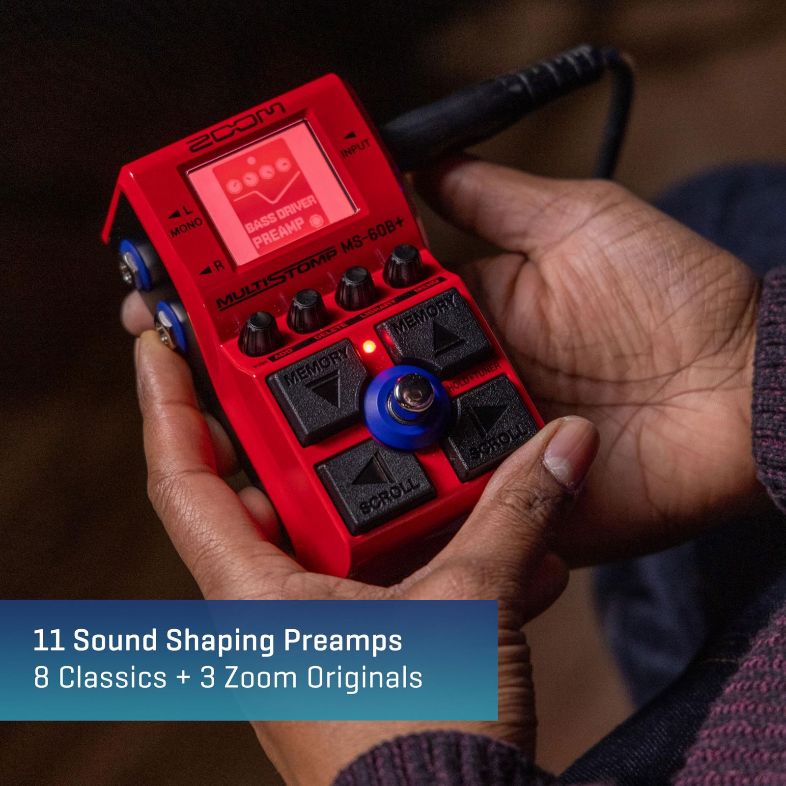 75種類のベースエフェクト ドライブ シンセ モジュレーション フィルター オクターブ 3種類のZOOMオリジナルプリアンプを搭載 8種類の定番プリアンプ MSシリーズ ベース用97種類のエフェクトアンプモデル搭載 赤 レッド マルチストンプペダル MS