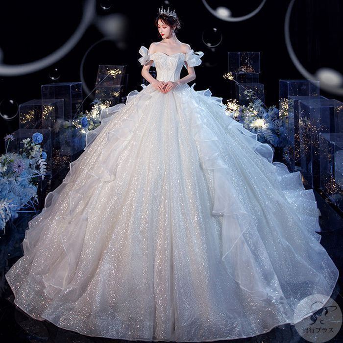 ウエディングドレス オフショルダー 天使 上品 Aライン キラキラ ドレス リボン 結婚式 花嫁 披露宴 お嬢様 パーティードレス パーティードレス ワンピース wedding dress 演奏会 司会者 発表会 tnnU548