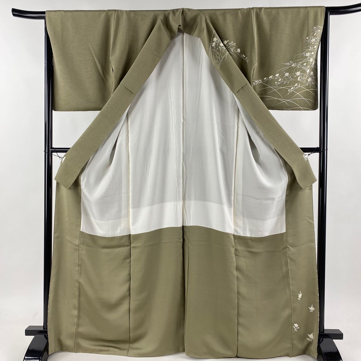 訪問着 身丈168.5cm 裄丈65cm M 袷 袋帯セット 落款 枝花 芝 よもぎ色  